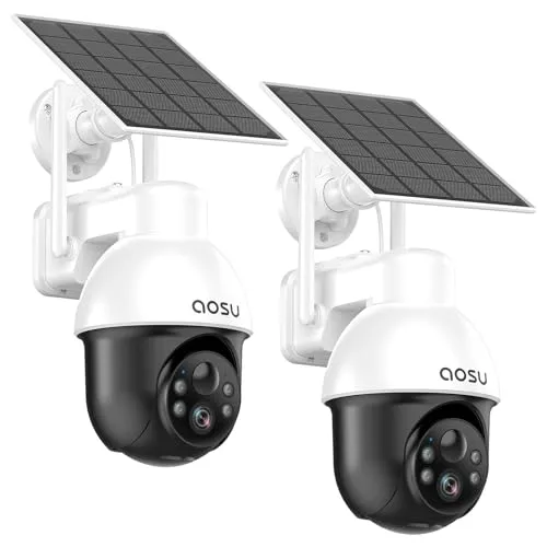 AOSU 3K Überwachungskamera Aussen Akku Solar - 5MP kabellose WLAN-Kamera mit 360° Panoramafunktion und Nachtsicht für optimale Haussicherheit, IP65 wasserdicht und flexible Solarlösung für einfache Installation.