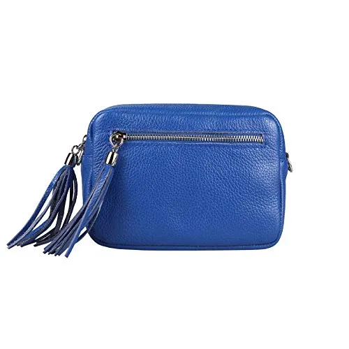 OBC Made in Italy Damen Leder Tasche Umhängetasche Schultertasche Beuteltasche Cross-Over Cross Bag Glattleder Schmucktasche Fransen Ledertasche (Königsblau)