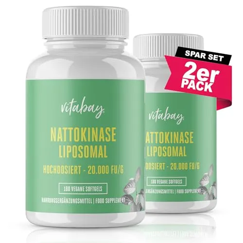 Vitabay Nattokinase Kapseln hochdosiert 20.000 FU - Liposomal & Vegan - 360 Nattokinase Kapseln - Enzym Natto fermentierte Sojabohnen - Nattokinase hochdosiert Tabletten Natokinase L