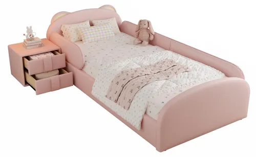 Rosa Kinderbett mit Nachttisch und Rausfallschutz, 90x200 cm - Modernes Polsterbett mit Lattenrost und Rausfallschutz für sicheres Schlafen. Inklusive Nachttisch mit 2 Schubladen für zusätzlichen Stauraum. Ideal für Kinderzimmer!