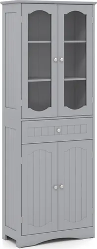 GOPLUS Badezimmerschrank hoch, freistehender Hochschrank mit 4 Türen & Schublade, Badschrank mit verstellbaren Einlegeböden, Grau