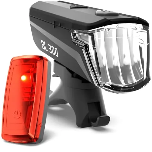 Büchel Fahrradlicht BL 300 Set - LED Front- und Rücklicht - Fahrradbeleuchtung mit 30 Lux Frontlicht für bis zu 40m Sichtweite und 200m Rücklichtsichtweite. StVZO zugelassen, spritzwassergeschützt und mit smarter Batteriewechselanzeige für Sicherheit auf jeder Fahrt.