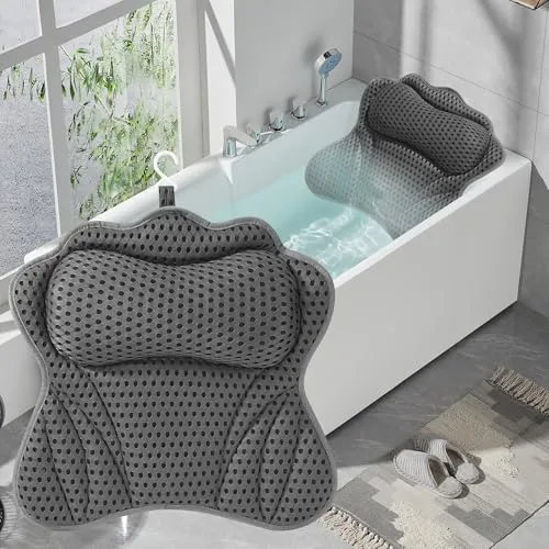 Badewannenkissen mit 6 Saugnäpfen - Grau, Nackenkissen für entspannende Badeerlebnisse - Badewannenkissen aus 4D-Air-Mesh-Technologie, atmungsaktiv und schimmelresistent. Ideal zur Linderung von Nacken- und Rückenschmerzen für ein komfortables Badeerlebnis.