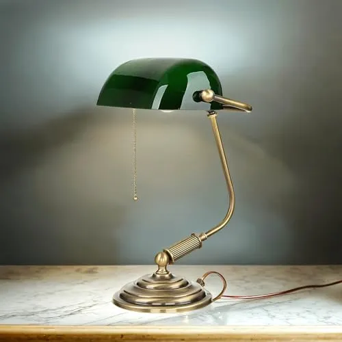 Premium Bankerlampe aus Echt-Messing mit grünem Glas-Schirm - Exklusive Tischlampe aus handgefertigtem Messing in Bronze, ideal für Arbeitszimmer und Büros. Stilvoller Zugschalter und LED-geeignet für optimale Beleuchtung.