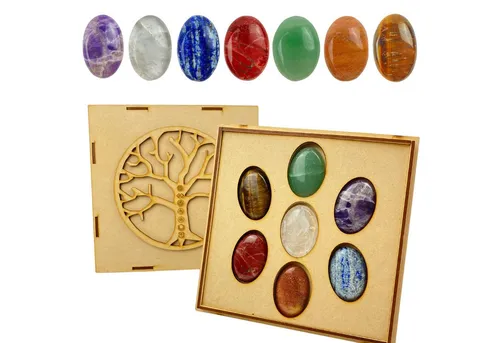 Lasernauten Edelstein Chakra XXL Edelstein-Set - Deko-Objekte mit 7 wichtigen Chakra-Steinen in einer eleganten Holzbox, ideal für Meditation und energetische Harmonisierung.