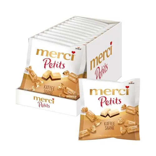 merci Petits Kaffee-Sahne – 12 x 125 g – Kleine Pralinen aus weißer Schokolade auf Edel-Kaffee-Sahneschokolade – Schokopralinen einzeln verpackt