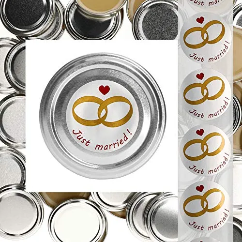 MamboCat 50er Deckelset TO66 Silber + Hochzeits-Etiketten Just Married I Trendige Geschenkverpackung für Marmelade, Kostproben & Give Aways I Einkochzubehör