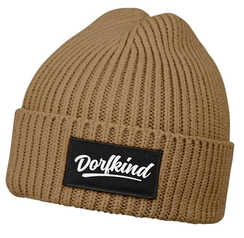 MoonWorks® Damen Beanie mit Patch Strickmütze mit Spruch Aufdruck Dorfkind Lustig Damenmütze Hellbraun Unisize