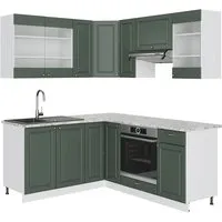 Vicco Winkelküche Fame-Line in Grün-Gold Landhaus, 160 x 190 cm - Küchenzeilen mit L-Form, bietet viel Platz und Flexibilität. Hochwertige MDF-Fronten und Soft-Close-Scharniere für leises Schließen.