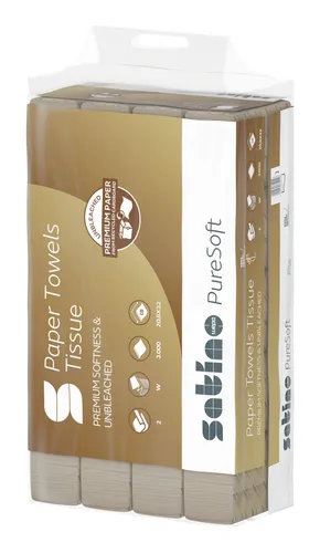 Satino Papierhandtücher PureSoft 277520 - 2-lagige, naturfarbene Handtücher aus 100% Recyclingpapier, besonders saugfähig und umweltfreundlich mit kleinem ökologischen Fußabdruck.