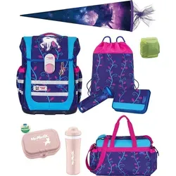McNeill Schulranzen Mädchen 1. Klasse 10-tlg. Set Ergo Complete LILLY mit Sporttasche und Einhorn Schultüte 85cm - Blau/Rosa
