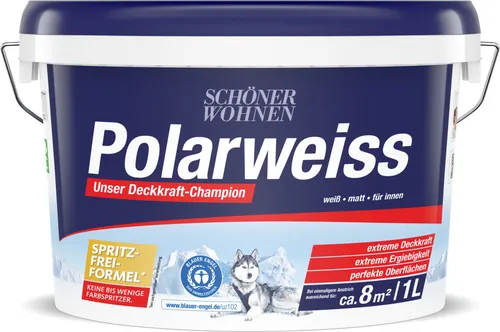 Schöner Wohnen Polarweiss 1,0 Ltr. - Hochdeckende Innenfarbe - Farben: Scheuerbeständige und atmungsaktive Profi-Innendispersionsfarbe mit extremer Deckkraft und hoher Ergiebigkeit für perfekte Oberflächen – ideal für Neu- und Renovierungsanstriche.