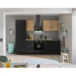 Küchenblock mit E-Geräten CORNWALL (Zeile-Kühlschrank) IV - braun - Küchenzeilen mit integriertem Kühlschrank, stilvolles Design in Braun und optimale Raumausnutzung für moderne Küchen.