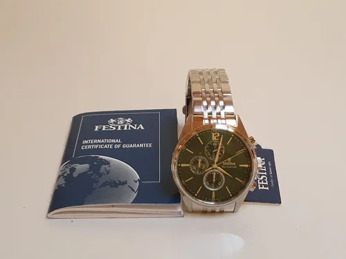 Festina Chrono F20285/8 Edelstahl Herrenuhr - Edelstahl-Herrenuhr mit grünem Zifferblatt und 50 m Wasserdichtigkeit, perfekt für stilbewusste Männer, die Funktionalität und Eleganz schätzen.