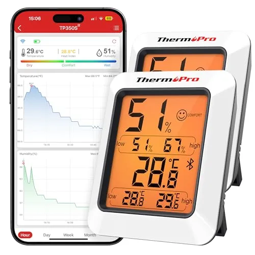 ThermoPro Thermometer Hygrometer 80m Bluetooth Raumthermometer Innen Temperatur und Luftfeuchtigkeitsmesser mit APP Datenexport für Innenraum, Büro, Weinkeller, Gewächshaus TP350 2 Stücke