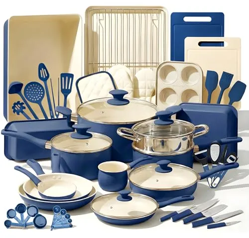 Produktbild NutriChef Kochgeschirr Set 54-tlg – Pfannen, Töpfe, Küchenhelfer Blau– Mit Messer, Backformen, Zubehör – Für Induktion, Gas und Elektro – Gesund und fettarm kochen