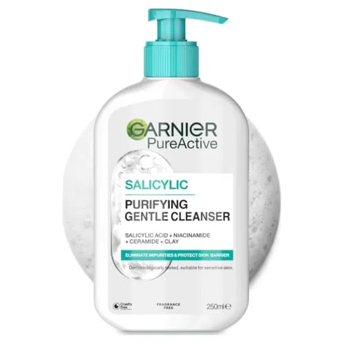 Garnier Pure Active Sanfte Reinigung für das Gesicht, angereichert mit Salicylsäure, Niacinamid, Ceramiden und Tonerde, parfümfrei, sulfatfreie Formel, geeignet für empfindliche Haut