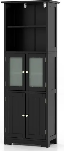GOPLUS Badezimmerschrank mit Ablagen & Schänke, Hochschrank mit Glastüren & verstellbaren Regalen, Badkommode Aufbewahrungsschrank, Schwarz