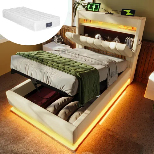Beige Polsterbett 90x200cm mit Stauraum und USB-Anschlüssen - Stylisches Polsterbett 90x200cm in Beige mit praktischem Stauraum im Kopfteil und USB-Anschlüssen. Perfekt für Ordnung und modernen Komfort im Schlafzimmer.