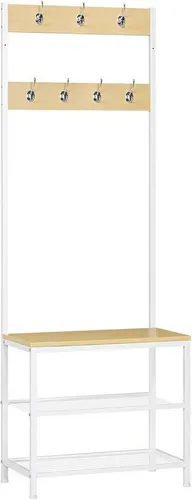 Woltu Kleiderständer mit 7 Haken und Schuhregal - Multifunktionale Garderobe mit 7 Haken, 2 Schuhablagen und Sitzbank. Robuster Metallrahmen sorgt für Stabilität. Ideal für Flur und Wohnzimmer, um Ordnung und Stil zu vereinen.
