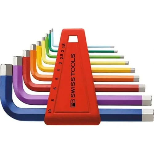 PB Swiss Tools Sechskant-Winkelschraubendreher-Satz, pulverbeschichtet, 9-teilig - Winkelschraubendreher Schlitz, 9-teiliges Set mit pulverbeschichteten Griffen und praktischem Kunststoff-Halter für einfache Aufbewahrung.