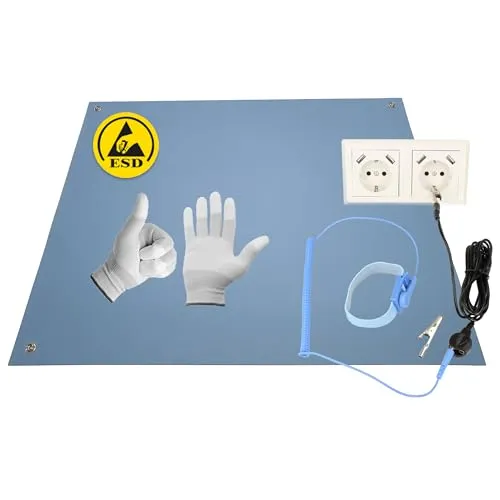 Minadax 60 x 50cm BLAU Antistatik ESD Computer Matte Tischmatte „Premiumqualität“ inkl. Manschette + 2,4m Verlängerung + ESD Handschuhe GR-L