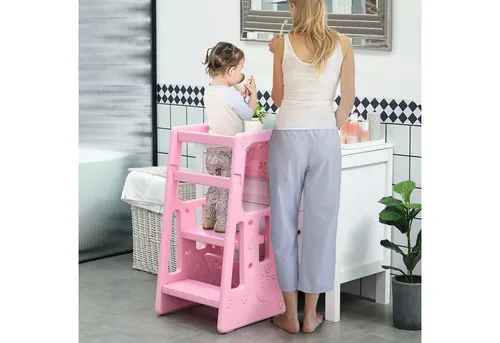 HOMCOM Stehhilfe Lernturm für Baby - Stehhilfe für Kinder ab 1,5 Jahren, ideal für sicheres Erreichen von Arbeitsflächen. Ausgestattet mit Anti-Rutsch-Pads und in ansprechendem Rosa.