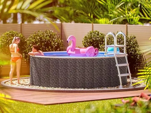 poolomio® Stahlwandpool rund 360 x 120 cm Rattan | Robuster Gartenpool als Aufstellbecken oder Einbaupool | Aufstellpool Komplettset mit Innenfolie 0,5 mm, Skimmer & Einlaufdüse