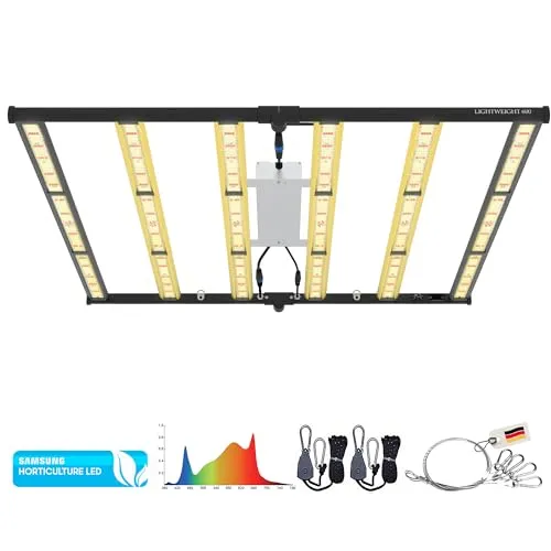 THE GROW 600 Watt LED Pflanzenlampe - Vollspektrum Pflanzenlampe mit UV- und Infrarotlicht, 0%-100% dimmbar für optimales Pflanzenwachstum von der Keimung bis zur Blüte. Geräuschloses Design und hohe Energieeffizienz.