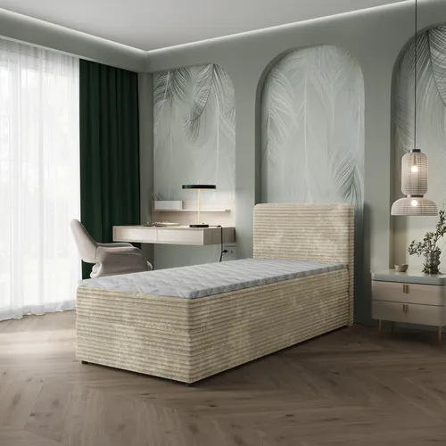 Masseno Boxbett PISA 90x200 cm mit Bonell Matratze und Topper – Eleganz und Komfort - Das stilvolle Kontinentalbett PISA bietet mit seinem geräumigen Bettkasten und ergonomischer Matratze einen einladenden Schlafplatz. Der gepolsterte Kopfteil sorgt für zusätzlichen Komfort und das moderne Design fügt sich harmonisch in jedes Schlafzimmer ein.