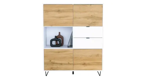 Vladon Highboard Marino V1 (Highboard mit 4 Tür Eiche Evoke, 2 Schubladen Weiß matt, Made in Germany), Korpus Weiß matt (103 x 125,5 x 37 cm)
