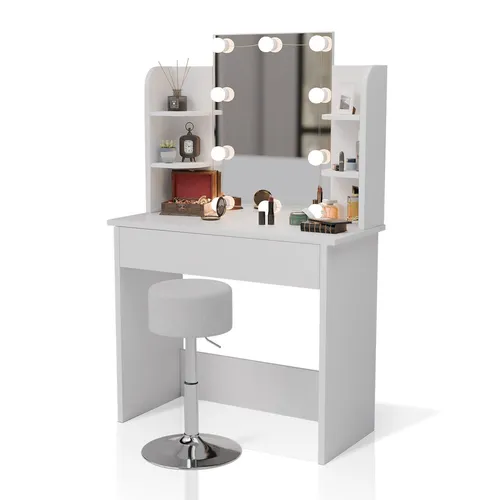 Juskys Schminktisch Zoey mit LED-Beleuchtung - Moderne Schminktische mit integriertem Hocker und dimmbarer LED-Beleuchtung für optimales Licht beim Schminken. Viel Stauraum für Kosmetik und Schmuck – ideal für Schlafzimmer und Ankleidezimmer.