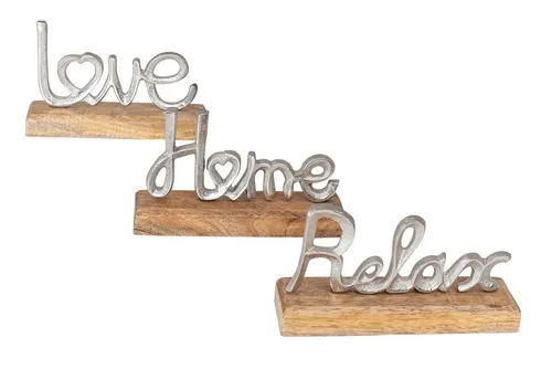 Levandeo® Deko-Schriftzug Love Home Relax 3er Set aus Mango Holz und Metall - 3 handgefertigte Deko-Schriftzüge in Silber und Natur. Ideal zum Hinstellen, mit Filzgleitern für einen stabilen Stand. Perfekte Akzentuierung für Ihr Zuhause!