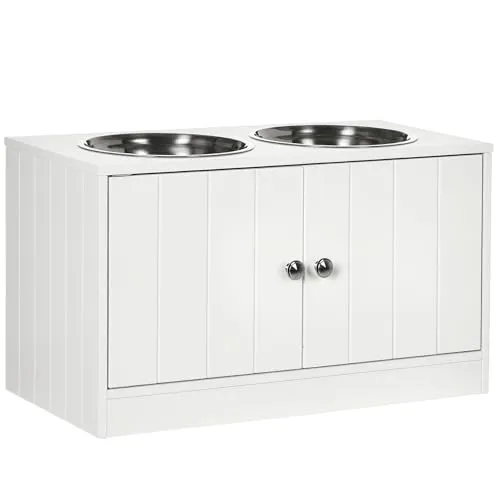 PawHut Futterstation MDF, Edelstahl - Ideale Fütterungslösung für Hunde - Sonstiger Hundebedarf mit großem Aufbewahrungsfach und sicheren magnetischen Türen für Futter und Spielzeug.