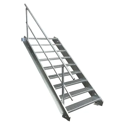 SRM Design 9 Stufen Stahltreppe mit Geländer 80 cm Breite, Geschosshöhe 135-180 cm - Vielseitige Außentreppe aus robustem Metall, ideal für Garten oder Haus. Höhenverstellbar und rutschfest für maximale Sicherheit und Stabilität. Schneller Aufbau durch einfache Anleitung.