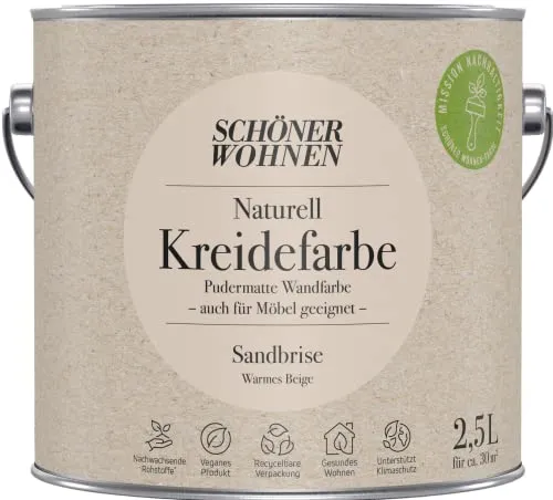 Schöner Wohnen Kreidefarbe Sandbrise 2,5L - Farben in warmem Beige, ideal für ein gemütliches Ambiente mit einem Matt-Glanzgrad und einem Verbrauch von 80–125 ml/m².