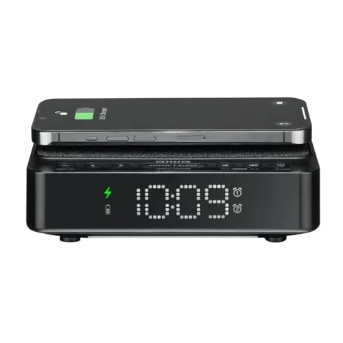 AIWA CR-30BK Funkwecker mit kabellosem Laden - Funkwecker mit kabellosem Laden (5 W) und PLL-FM-Radio. Dual-Alarm und dimmbares LED-Nachtlicht machen ihn ideal für den Nachttisch.