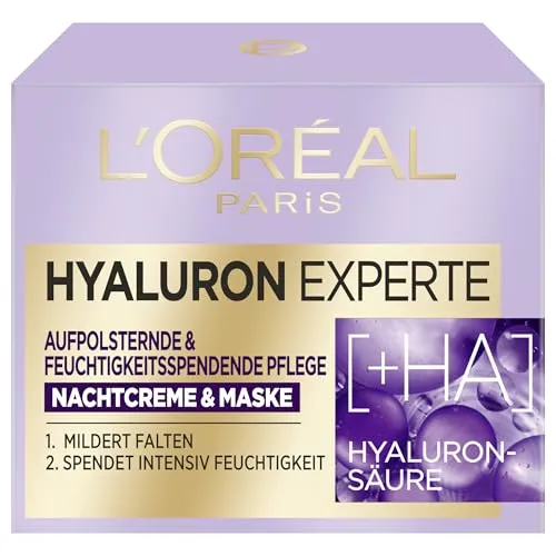 L'Oréal Paris Hyaluron Experte Nachtcreme & Gesichtsmaske mit zwei Arten von Hyaluronsäure für aufgepolsterte und hydratisierte Haut, 50 ml