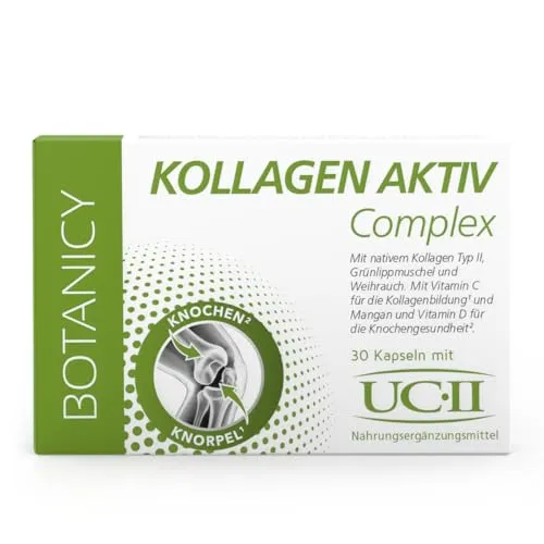 BOTANICY Kollagen Aktiv Complex - 30 Kapseln mit UC-II - Hochdosierte Kollagenkapseln mit natürlichem UC-II Collagen, Grünlippmuschel, Mangan sowie Vitaminen C und D für die Unterstützung der Gelenke und Knochen. Laborgeprüfte Qualität aus Deutschland.
