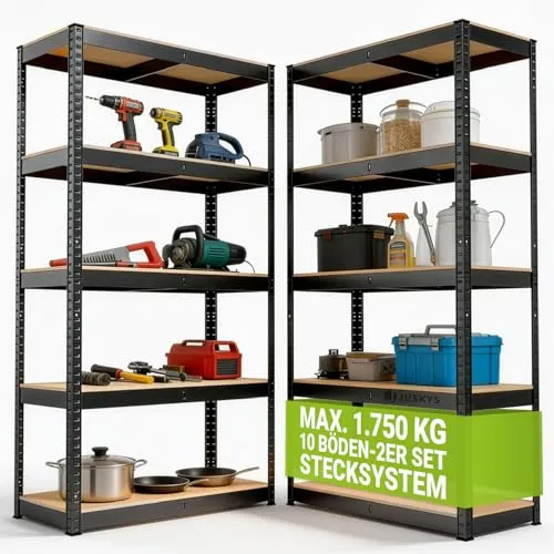Juskys Schwerlastregal Basic, 2-tlg. mit 10 Einlegeböden - Schwerlastregal für bis zu 175 kg pro Regalboden, flexibel einsetzbar und einfach ohne Bohren aufzubauen, ideal für Werkstätten oder Lager.