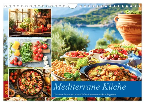 Mediterrane Küche Wandkalender 2026 DIN A4 quer - Hochwertiger Fotokalender mit 12 atemberaubenden Bildern der mediterranen Küche. Ideal als Geschenk für Feinschmecker und zur Verschönerung jedes Raumes.