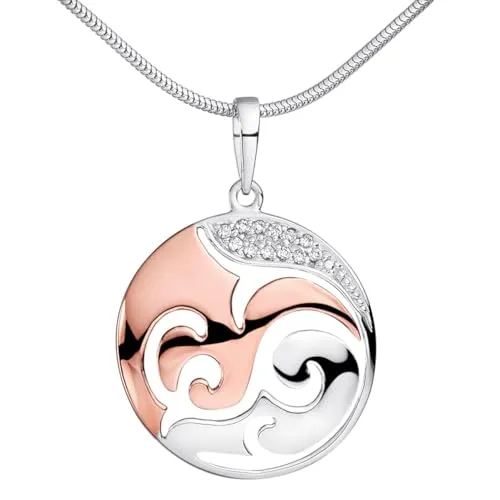 MATERIA Runder Kettenanhänger rosegold Damen - Eleganter 925 Silber Anhänger mit Zirkonia - Edler Damenanhänger aus 925 Sterling Silber, rhodiniert und teilweise vergoldet. Verziert mit 12 Zirkonia für funkelnden Glanz. Ideal als Geschenk in stilvoller Schmuckschachtel.
