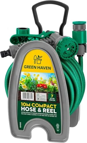 Green Haven leichte Gartenschlauchtrommel – 10 m kompakte Schlauchtrommel mit 7 verstellbaren Spritzpistolendüsen – Mini-Schlauchpistole für den Außenbereich mit Zubehör für die Bewässerung – einfache