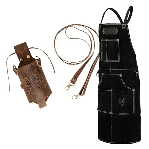BLACK FOREST FOX Grillschürze ROUGH SET aus Büffelleder mit Holly Holster - Hochwertige Grillschürze aus 100% weichem Büffelleder + praktisches Getränkeholster. Ideal für Grillfans, mit 6 Taschen und optimalem Tragekomfort für unvergessliche Grillabende!