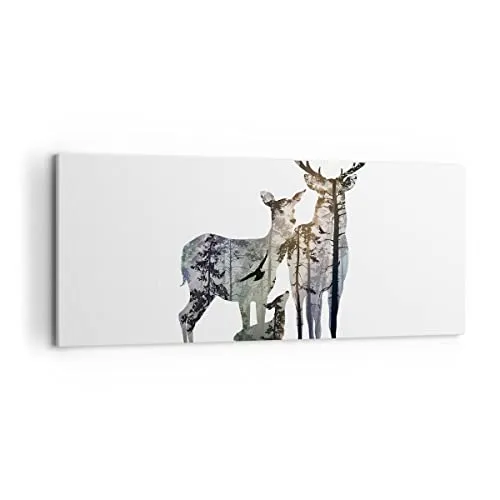 Wandbilder Dekoration Wohnzimmer Deer Familie Wildheit Illustration Bilder auf Leinwand 120x50cm Leinwandbild Schlafzimmer Wand Kunstdruck Art Groß Wanddeko Bild Wall Decor Canvas AB120x50-3184
