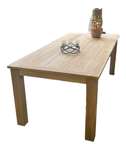 Teakholz Esstisch DENNIS 220cm x 100cm x 76cm - Hochwertiger Esstisch aus unbehandeltem Teakholz, wetterfest und ideal für den Innen- und Außeneinsatz. Maße: 220cm x 100cm x 76cm, für gesellige Runden.