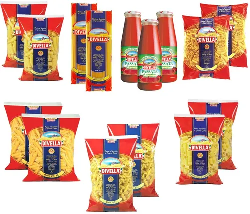DIVELLA FAMILIENKASTEN Kit mit 12 Beuteln mit 500 g Nudeln + 3 Tomatensauce