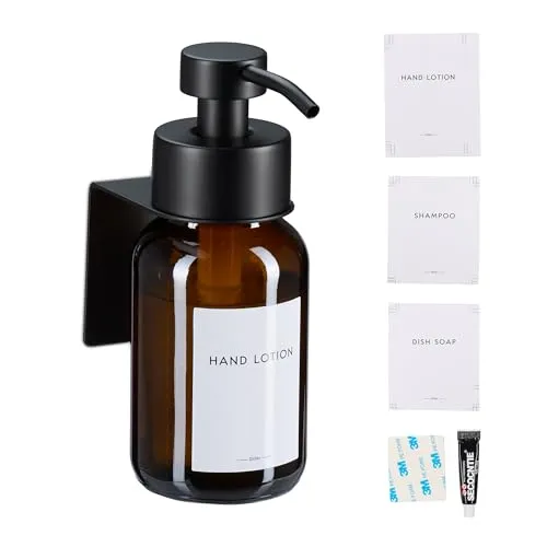 Relaxdays Seifenspender, 1er Pack, 250ml, Braunglas, Edelstahl, Wandseifenspender zum Kleben, ohne Bohren, braun/schwarz
