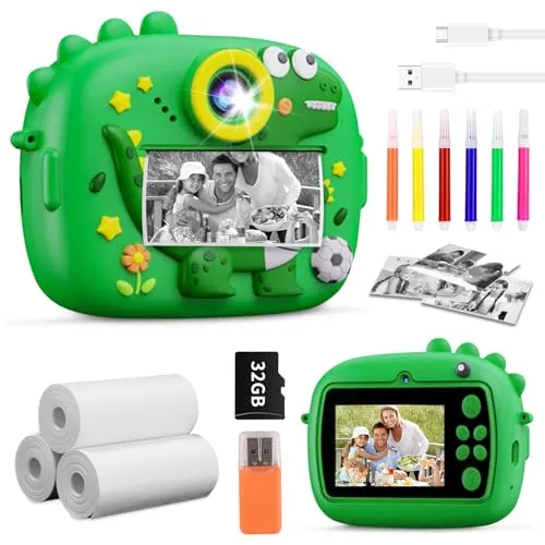 Kinderkamera Sofortbildkamera, 2,4 Zoll Digitalkamera Kinder, Dinosaurier VideoKamera 1080P HD, Sofortdruck von Fotos, mit 32G Karte und 3 Rollen Druckpapier, Geschenk für Kinder 3-14 Jahren