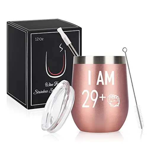 Livole 30 Geburtstag Frauen, 30 Geburtstagsgeschenke für Frauen, Geschenk 30 Geburtstag Frau, 12oz Doppekwandiger Edelstahl Weinbecher mit Deckel und Strohhalmpinsel, Vakuumisolierte Weinglas für Wein